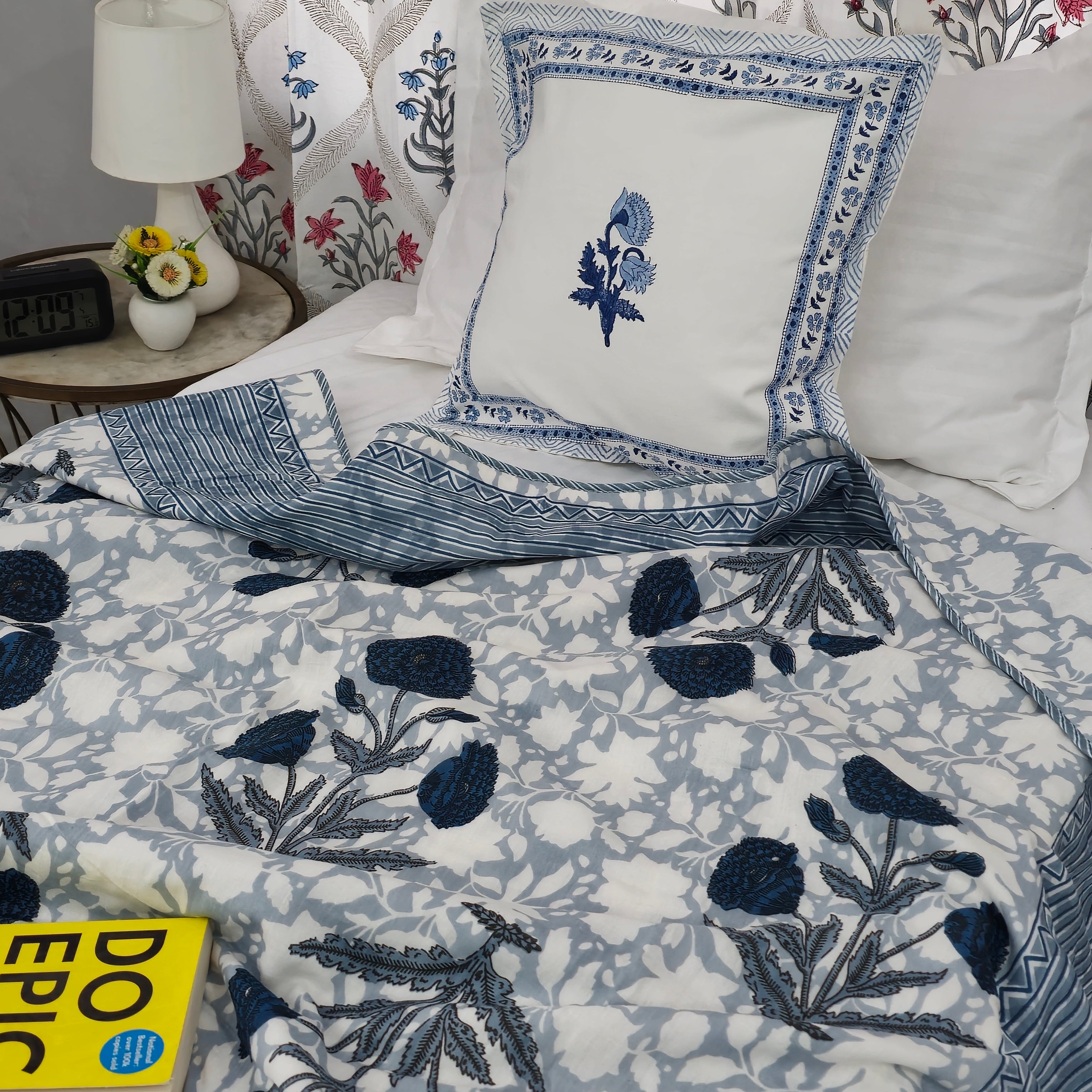 All Season Jaipuri Blanket | 100% Cotton | Block Print | Single Bed  – Blue Floral Buta (63X90 Inches)
